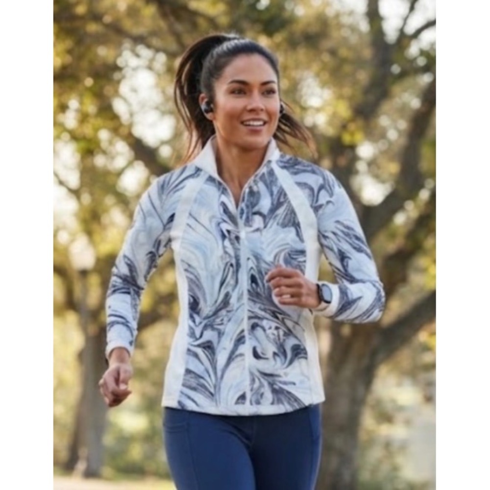 Athleta Run With It Jacket Blue White Marble Swirl Full Zip Running Top M/T